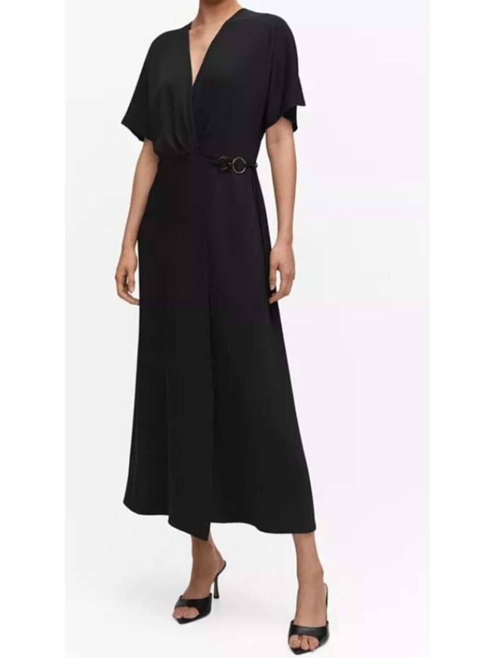MANGO Hoop Detail Wrap Maxi Dress Women Size US4 NWT V Neck Short Sleeve